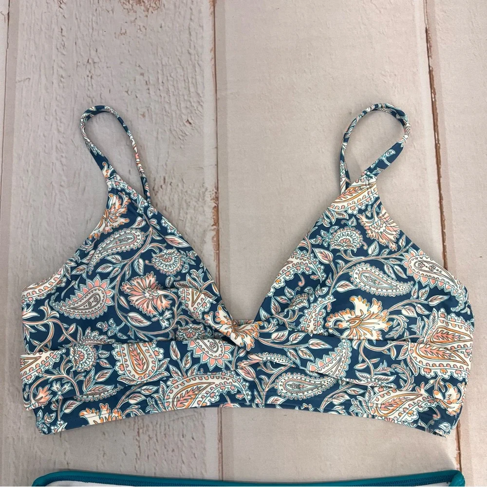 NWT High Waist Adjustable Strap Turquoise &‎ Orange Paisley Bikini SIZE LARGE